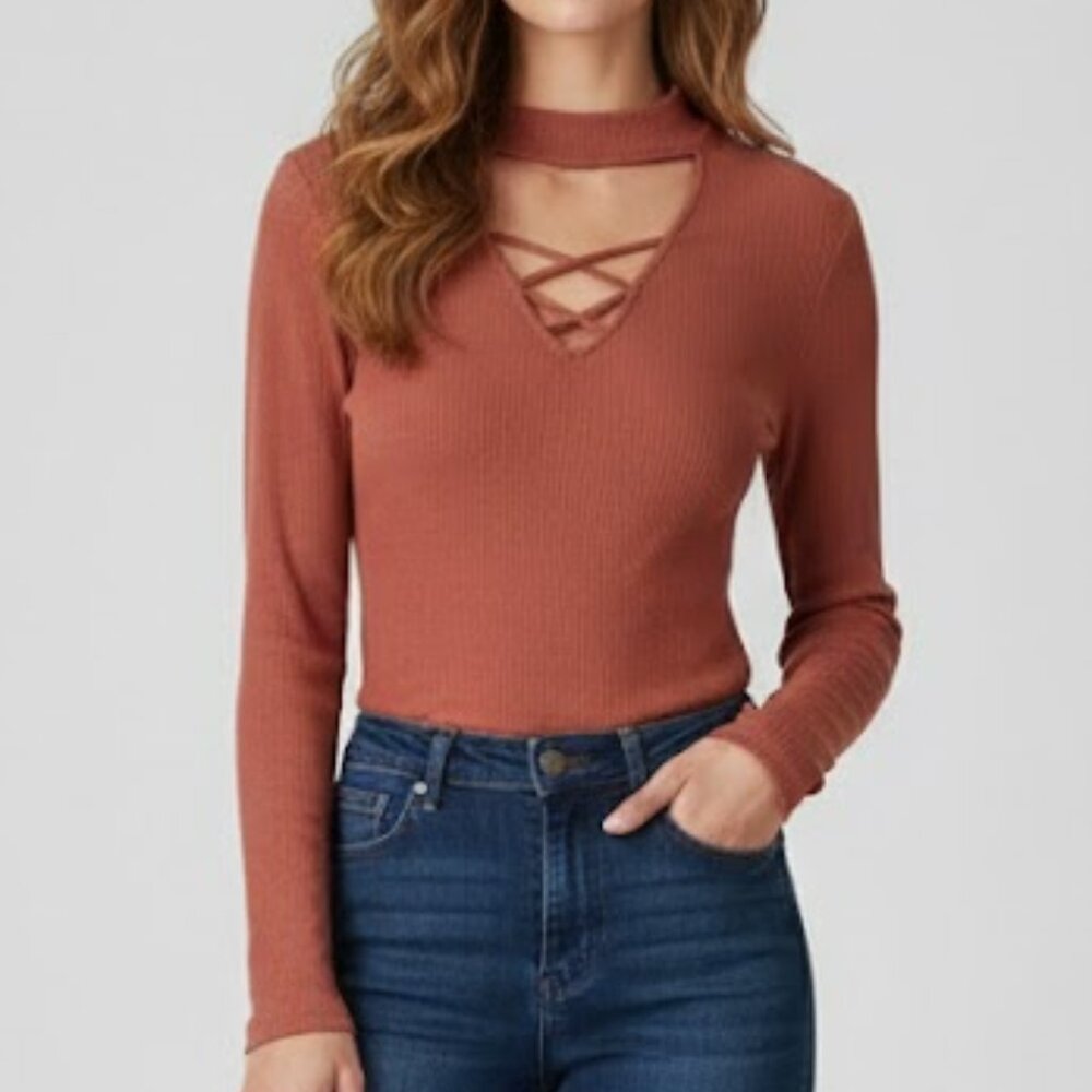 AMBIANCE Women T-Shirt Red Long Sleeve V-Neck Cross Strap Pullover Size Large